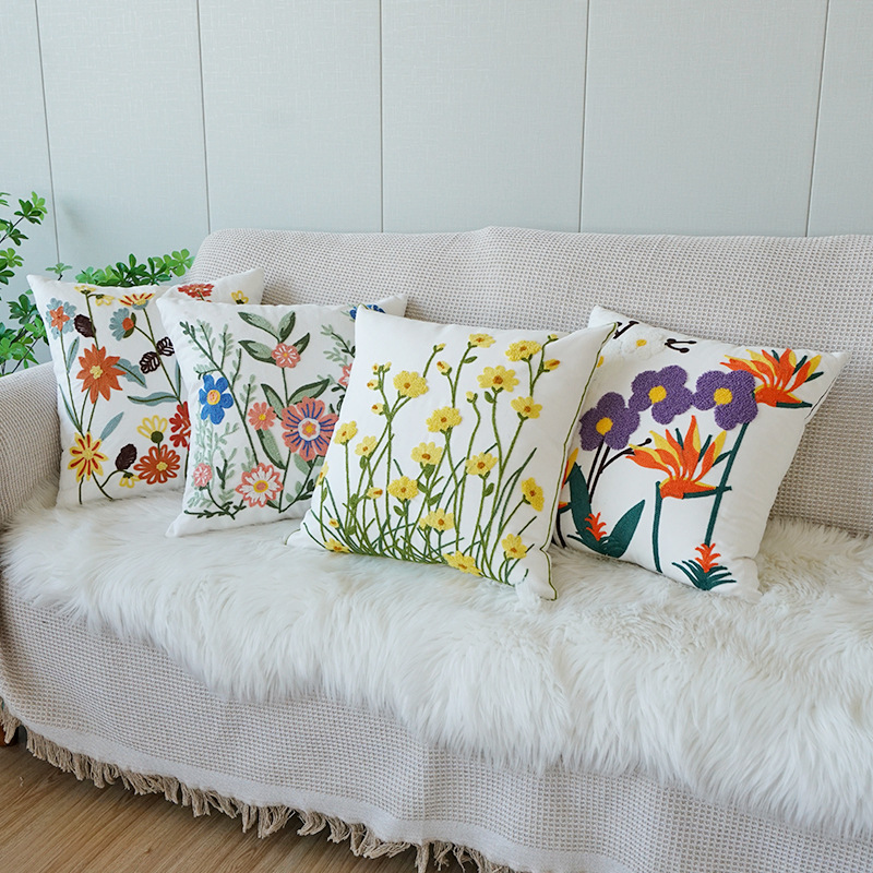 Pastoral-style Embroidered Floral Cushion For Living Room Sofa