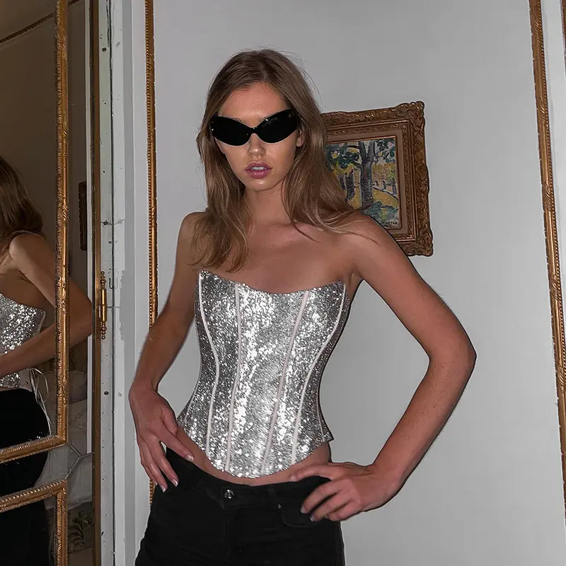 Women's Tubular Corset Tube Top Shiny Slimming Bandage Back