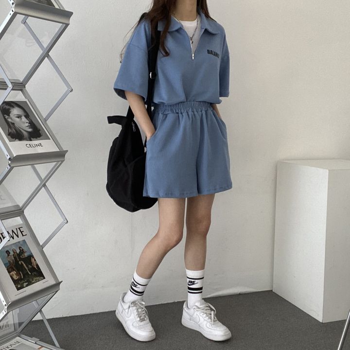 Casual Zipper Short Sleeve Shorts Suit