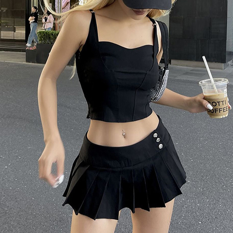 Fashion Y2g Hot Girl Style Solid Color Pleated Skirt Suit Two piece Set Black - Shop at LoveMi
