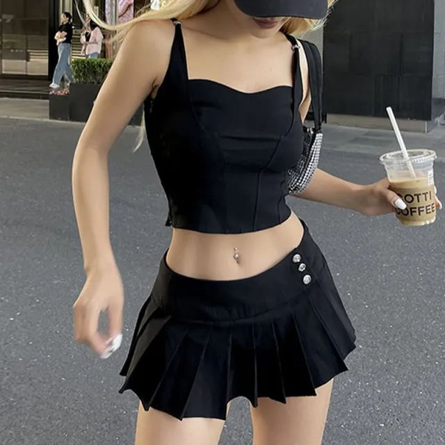 Fashion Y2g Style Solid Color Pleated Skirt Suit Two piece Set Black - Shop at LoveMi
