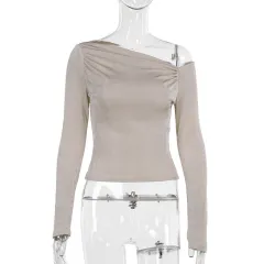 Autumn Women's Off-shoulder Long-sleeved Top - Khaki - View 1