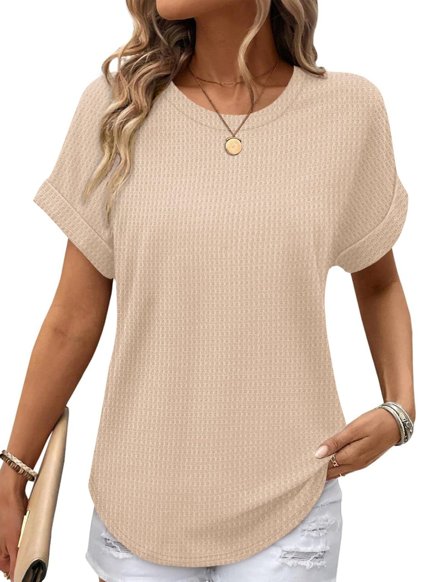 Ruffled-edged Short-sleeve Waffle-knit Crew-neck Top With A Curved Hem