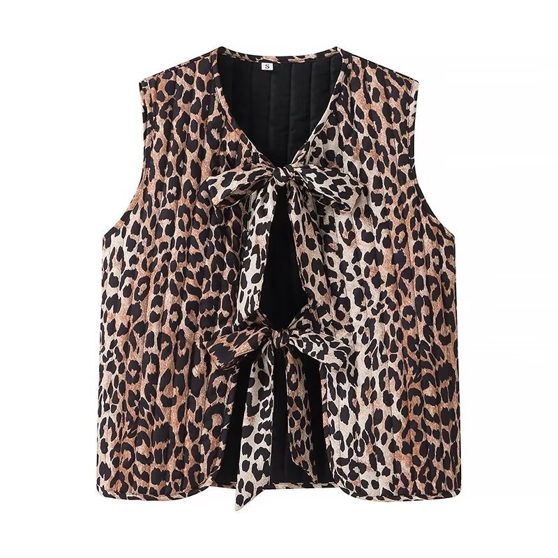 Women's European And American Style Leopard Print Vest Leopard Quilted Vest Sleeveless Tie Front Shirts Vest Cardigan Trendy Streetwear Leopard - Shop at LoveMi