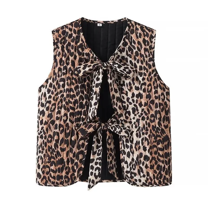 Women's European And American Style Leopard Print Vest Leopard Quilted Vest Sleeveless Tie Front Shirts Vest Cardigan Trendy Streetwear - Leopard