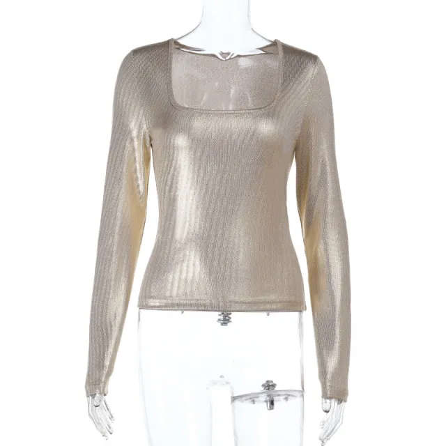 Square Collar Bronzing Slim Long Sleeve Top Women Gold - Shop at LoveMi