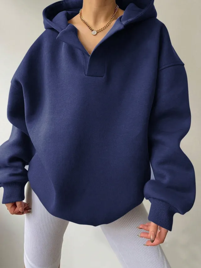 Women's Solid Color Hoodies Long Sleeve Hooded Solid Color Loose Sweater Blue - Shop at LoveMi