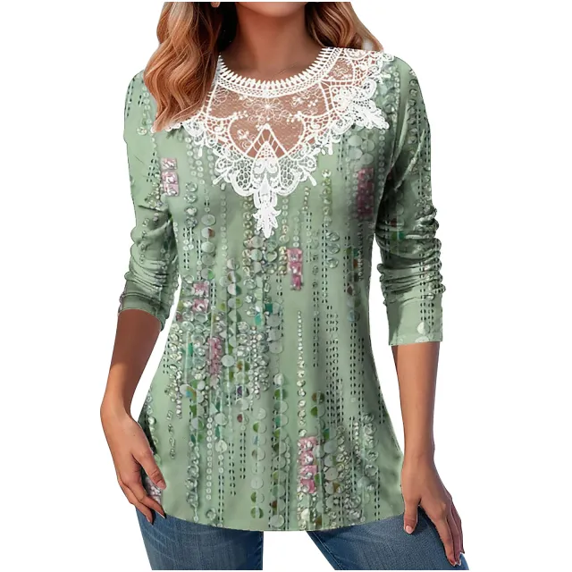 Lace Patchwork Round Neck Top Fashion Casual Printing Loose Long Sleeve Top Women White - Shop at LoveMi