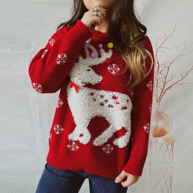 Women's Elk Flocking Jacquard Handmade Pearl Colorful Ball Decorative Knitted Christmas Sweater Red - Shop at LoveMi