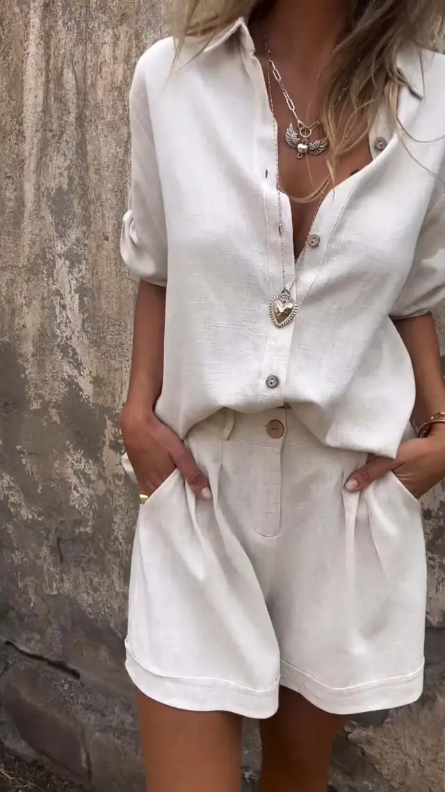Short sleeved Suits Fashion Lapel Button Shirt Top And Pocket Shorts Women's Clothing White - Shop at LoveMi