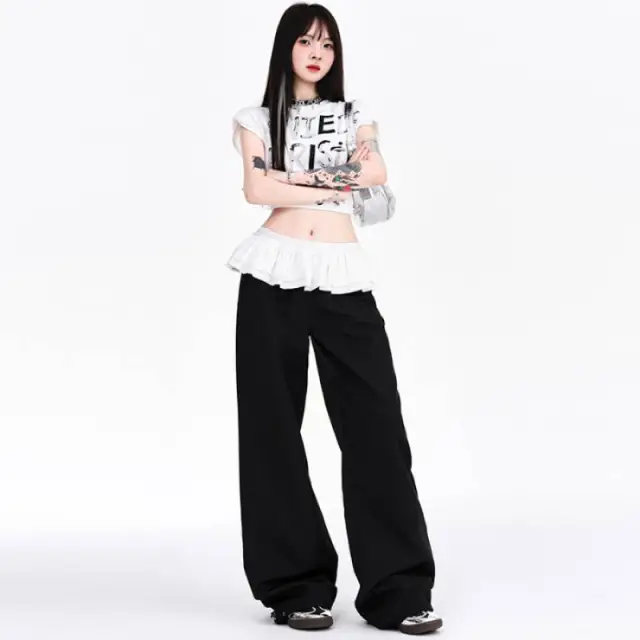 Design Ruffled Patchwork Casual Pants Black Trousers - Shop at LoveMi