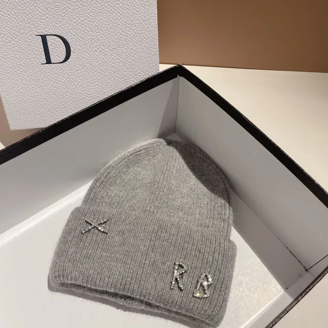 Winter RB Letter Fashion Rabbit Fur Knitted Warm Hat Female Light Gray - Shop at LoveMi