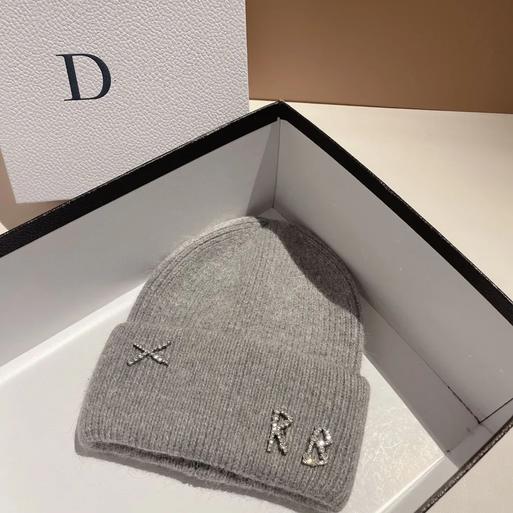Winter RB Letter Fashion Rabbit Fur Knitted Warm Hat Female - Light Gray