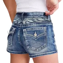 Women's Slim-fit Embroidered Fashion Denim Shorts - Dark Blue - View 1