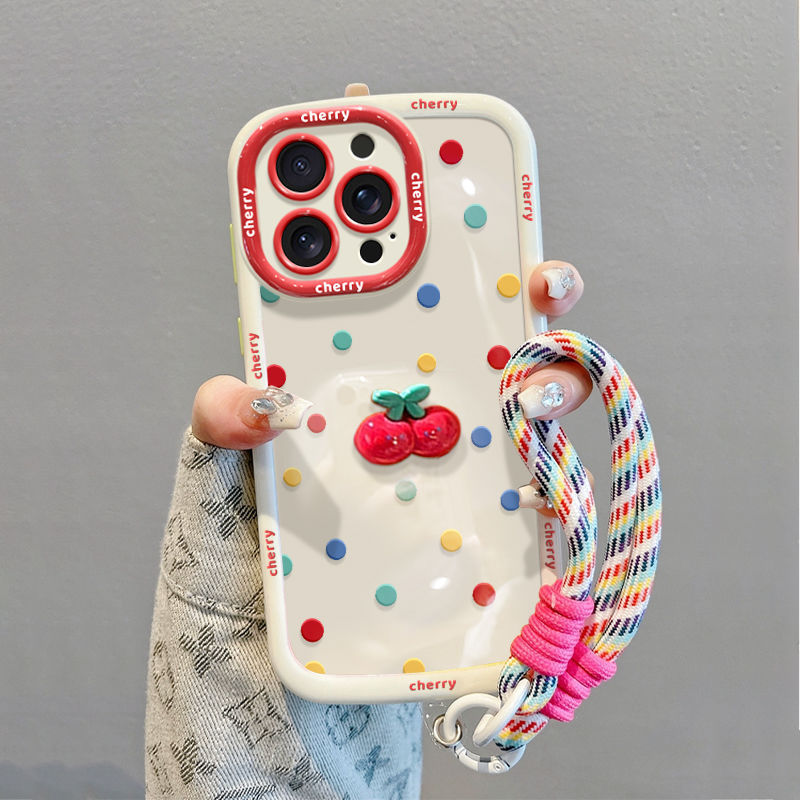 Phone Case With Lanyard Premium Feel Colorful Polka Dots And Cherries 6