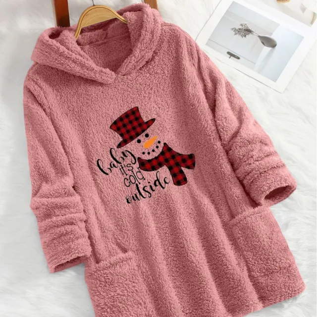 Christmas Snowman And Letter Printed Teddy Bear Sports Hoodie Peach - Shop at LoveMi