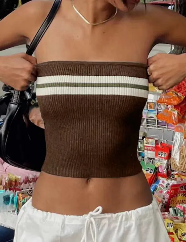 Ins Super Popular European And American Knitted Tank top Contrast Color Striped Tube Top Brown - Shop at LoveMi