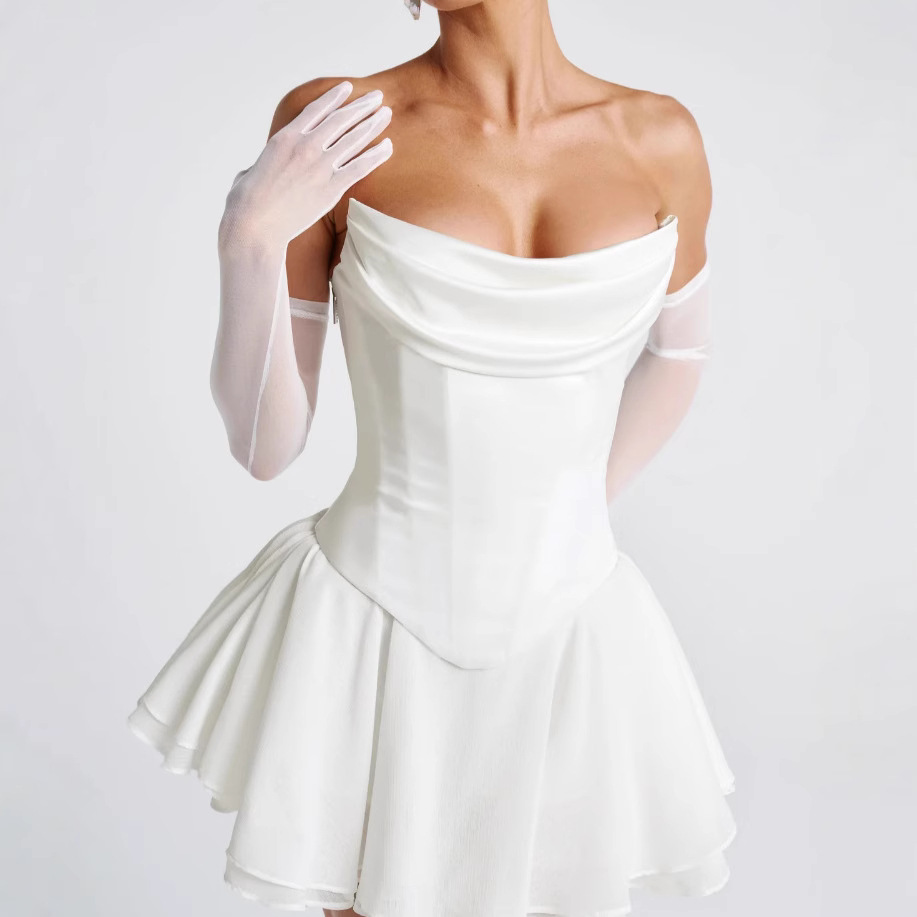 French Solid Color Tube Top Dress With Sleeves