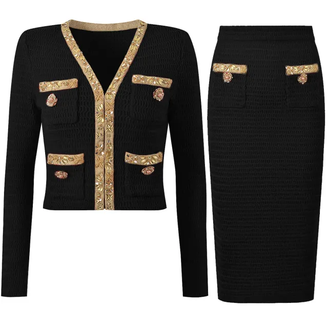 Fashionable Knitted Sequin Bead Tup Cardigan Coat Package Hip Skirt Black - Shop at LoveMi