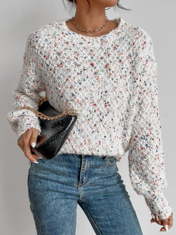Autumn And Winter Round Neck Pullover Long Sleeve Knitted Top White - Shop at LoveMi