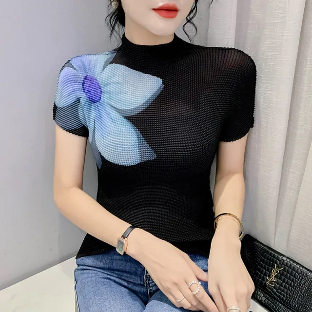 3D Printed Summer Fashion Large Flower Slimming Short sleeved T shirt Black - Shop at LoveMi