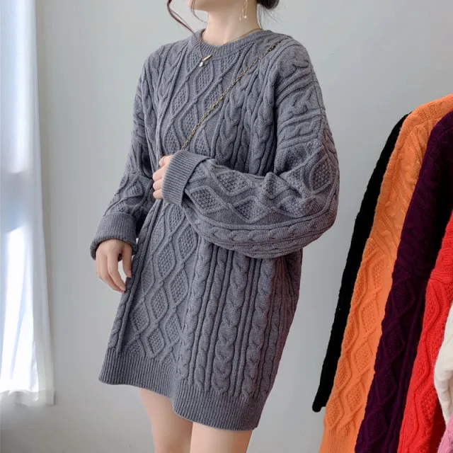 Girls' Mid length Thickened Sweater Korean Style Lazy Style Loose Pullover Solid Color Crew Neck Coat Gray - Shop at LoveMi
