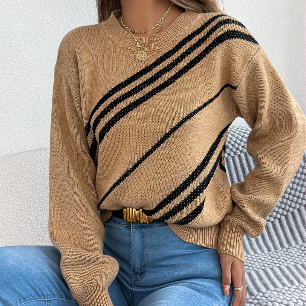 Women's Casual Striped Round Neck Lantern Long Sleeve Pullover Sweater - Khaki