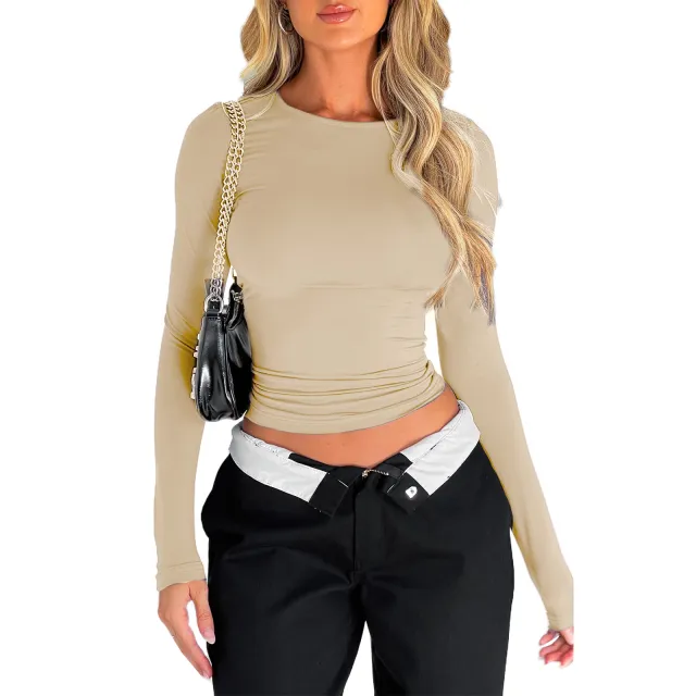 Solid Color Slim Pullover Women's Clothing Casual Long Sleeve T shirt Apricot - Shop at LoveMi