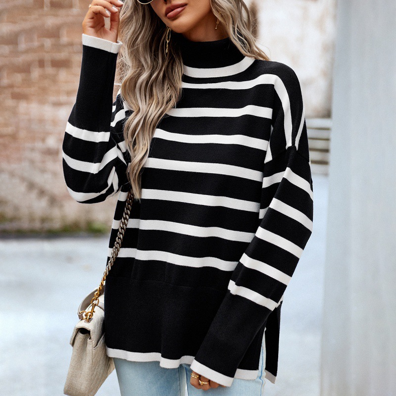 Striped Turtleneck Sweater For Women Autumn And Winter Black - Shop at LoveMi