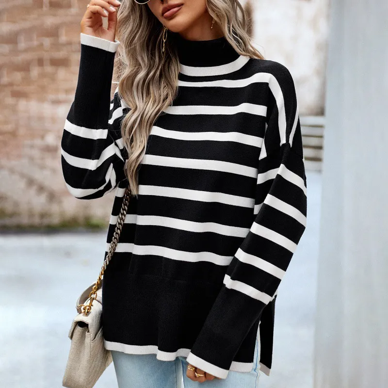 Striped Turtleneck Sweater For Women Autumn And Winter - Black