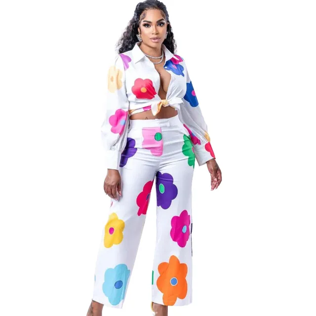 Women's Fashion Color Printed Shirt Suit Two piece Set White - Shop at LoveMi