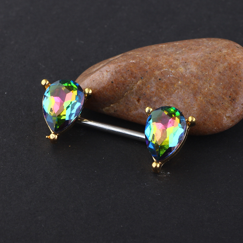 Stainless Steel Double Water Drop Nipple Ring Rainbow Color Water Drop Adhesive Nail