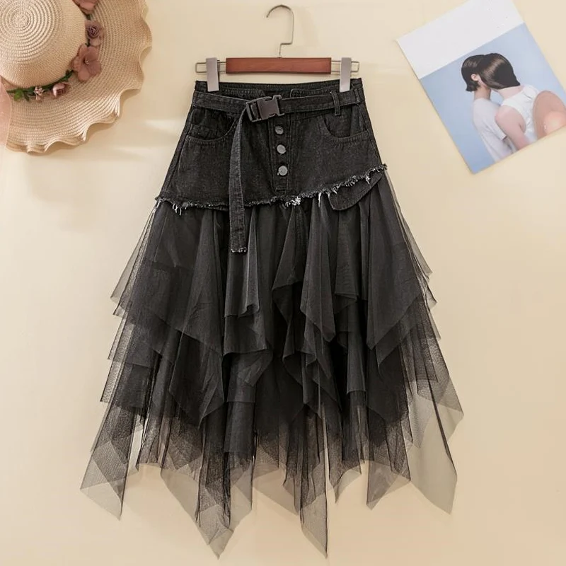 Title 2, Hoge taille denim rok met mesh stiksels en wass...