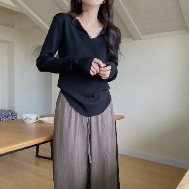 Fall V neck Knitwear Women's Design Sense Niche Long sleeved Top Black - Shop at LoveMi