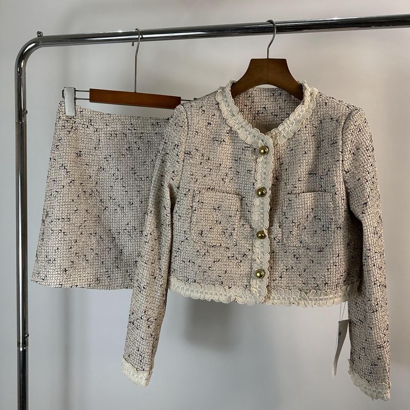 French Lace Splicing Coat Mid-length Skirt Two-piece Set