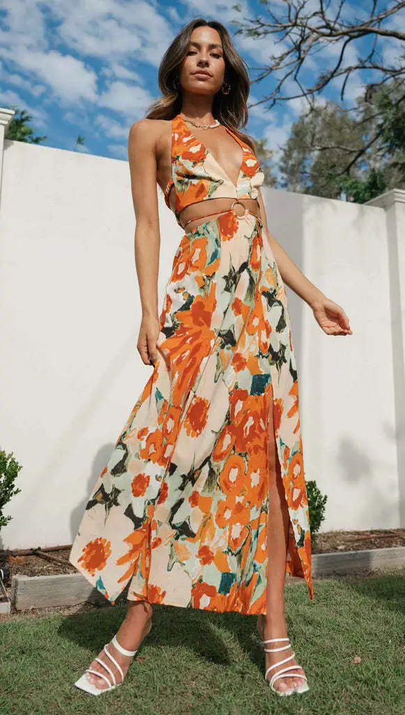 Women's Clothing Halter Backless Hem Dress Orange - Shop at LoveMi
