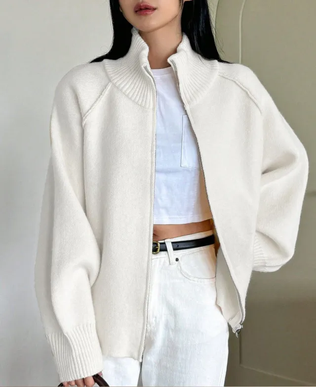 Solid Color Stand Collar Zipper Knitted Cardigan Top White - Shop at LoveMi