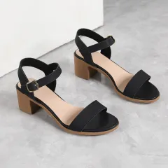 Women's Sandals Simple Summer All-match Medium Chunky Heel Ankle-strap High Heels - Black - View 1