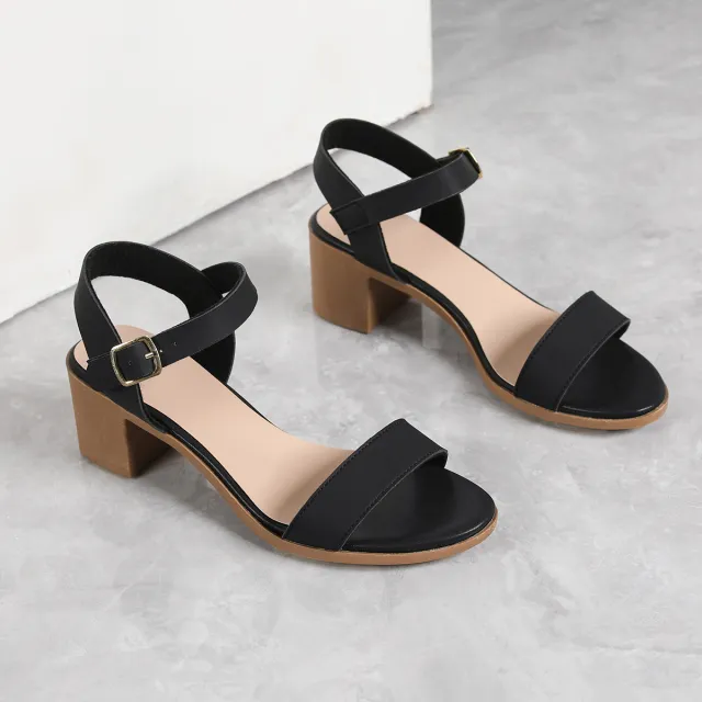 Women's Sandals Simple Summer All match Medium Chunky Heel Ankle strap High Heels Black - Shop at LoveMi