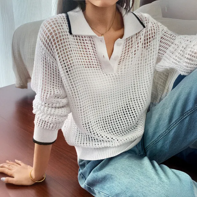 Women's Hollow out Long sleeved T shirt Autumn And Winter Top White - Shop at LoveMi