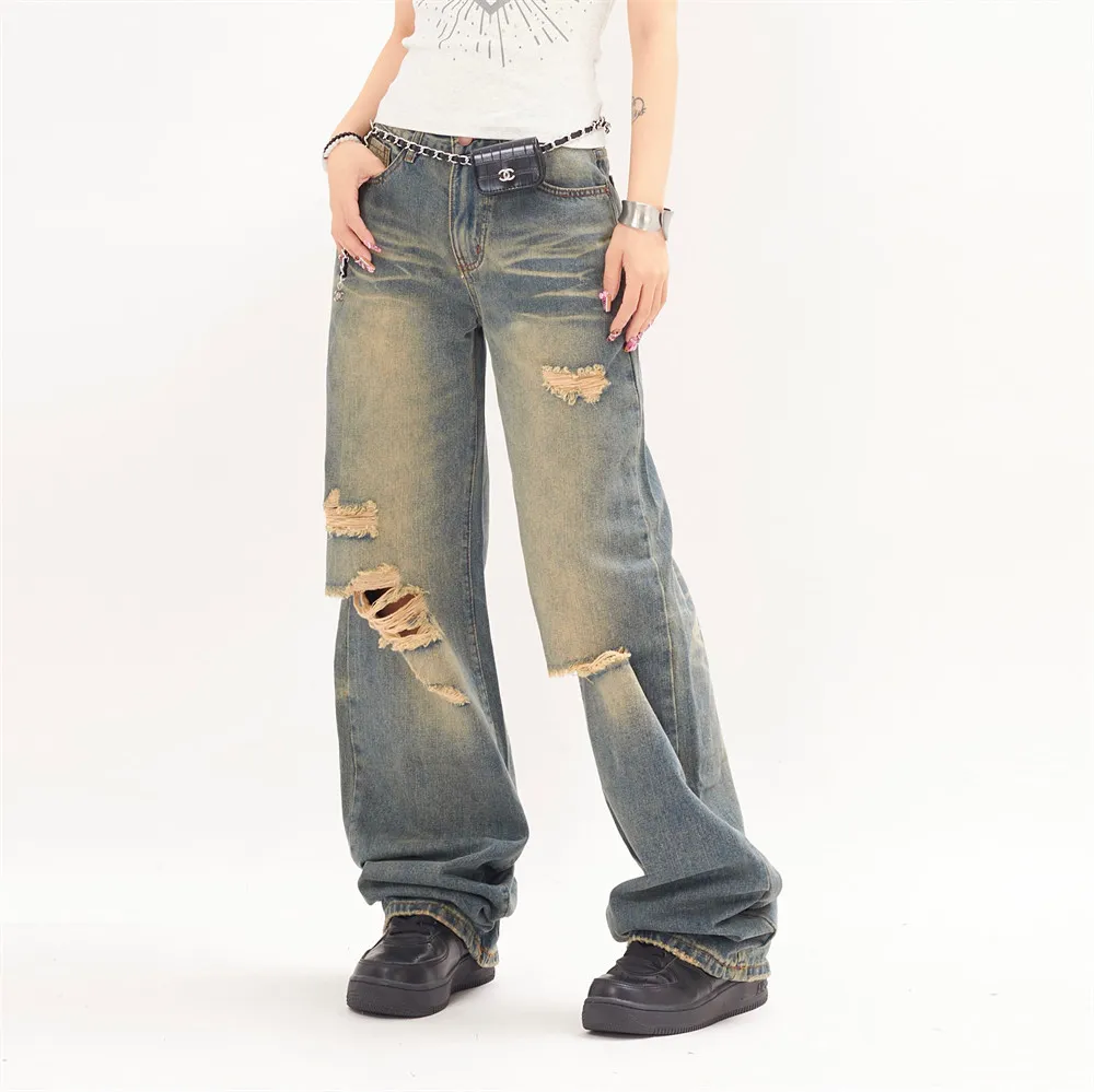 High Street Tide Ruffle Water Ripple Punk Loose Wide-leg Straight Pants