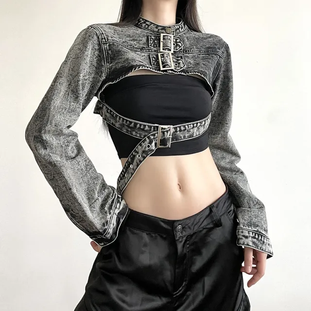 Street Vintage Washed Japanese Buckle Ribbon Denim Blouse Handsome Slim Fit Belt Short Coat Black - Shop at LoveMi