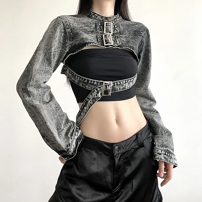 Street Vintage Washed Japanese Buckle Ribbon Denim Blouse Handsome Slim Fit Belt Short Coat - Black