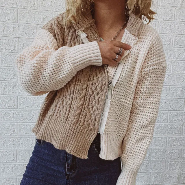 Round Neck Oblique Zipper Twist Color Contrast Patchwork Knitted Cardigan Sweater Coat Khaki - Shop at LoveMi