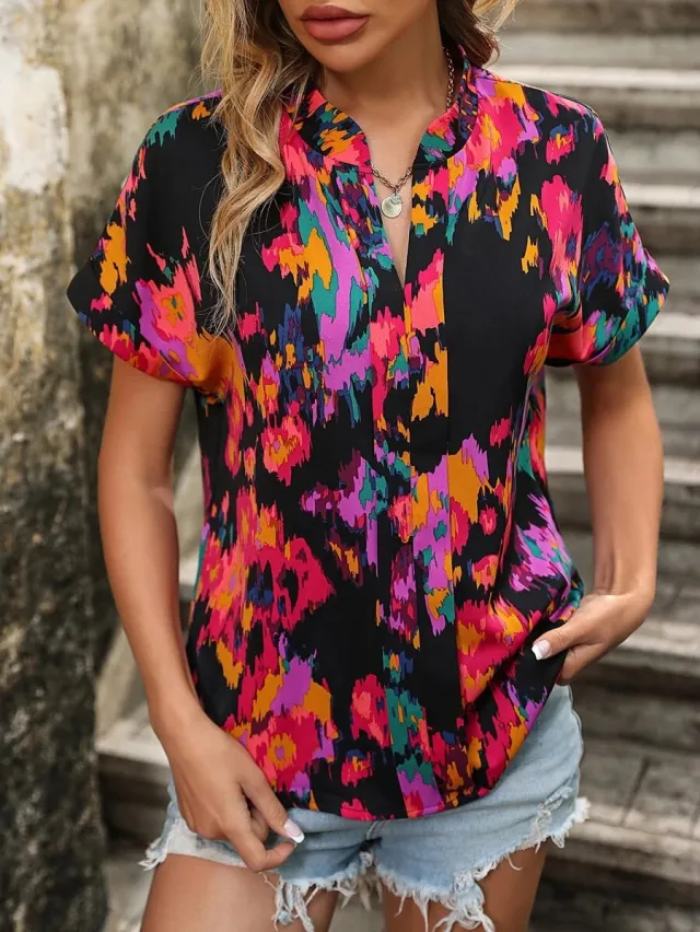 V neck Painted Color Printing Short Sleeve Red - Shop at LoveMi