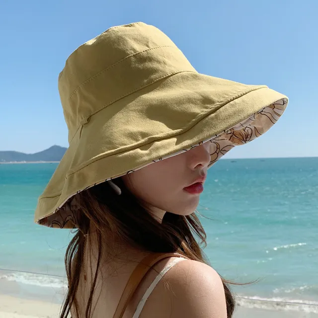 Double sided Wear Big Brim Fisherman Hat Outdoor Sun Protection Pure Cotton Breathable Yellow - Shop at LoveMi