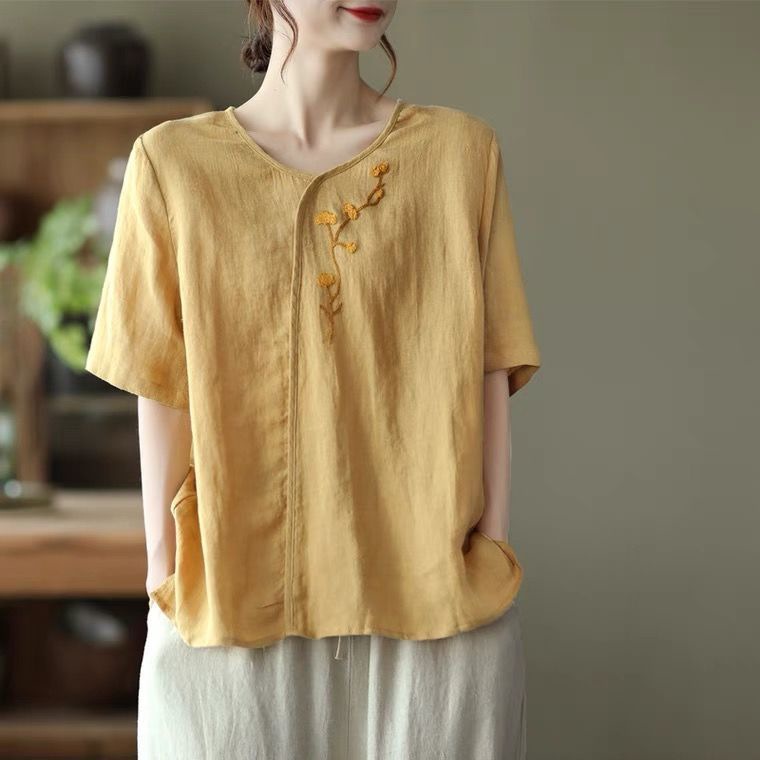 Cotton-Linen Blend Women's V-Neck Short Sleeve T-Shirt - Embroidered Retro Style… — image 1