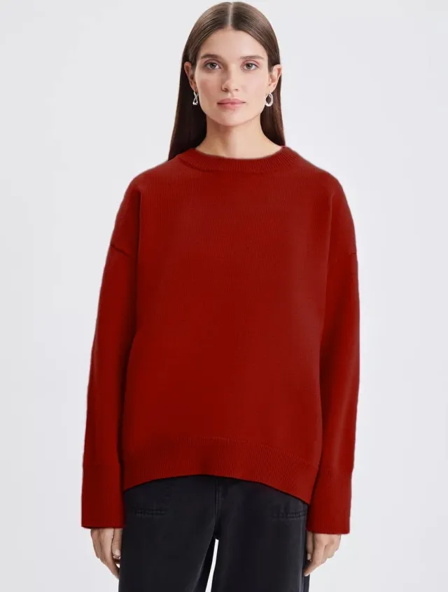 Women's Knitted Round Neck Solid Color Loose Fashion Sweater Red - Shop at LoveMi