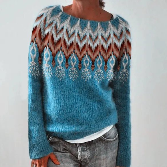 Round Neck Multicolor Loose Fashion Pullover Sweater Blue - Shop at LoveMi