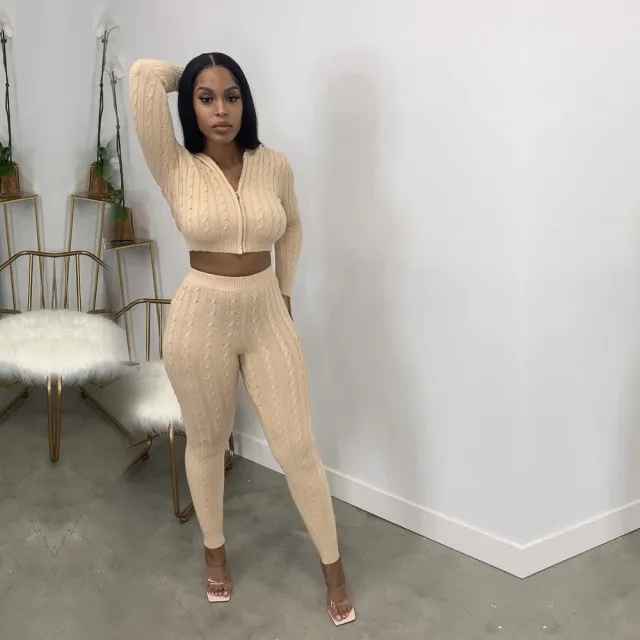 Hooded Women's Top Knitted Skinny Pencil Pants Suit Apricot - Shop at LoveMi